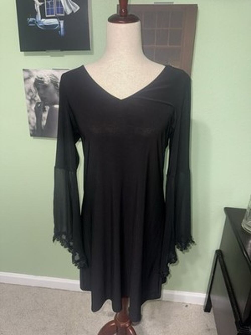 MSK Womens Medium Black Dress Bell Sleeve Sheer Mesh Lace Trim V Neck Gothic